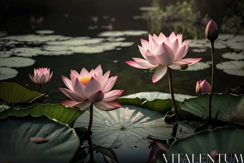 Tranquil Scene with Pink Lotus Lilies in Water AI Image