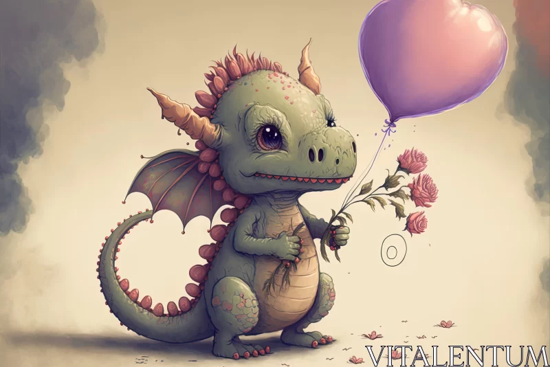 AI ART Charming Realism of a Dragon with a Pink Balloon Amidst Flowers
