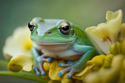 Green Tree Frog on Yellow Flowers - A Dreamy Nature Capture
