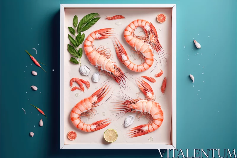 Large Shrimp in White Box on Blue Background: A 3D Birds-Eye View Illustration AI Image