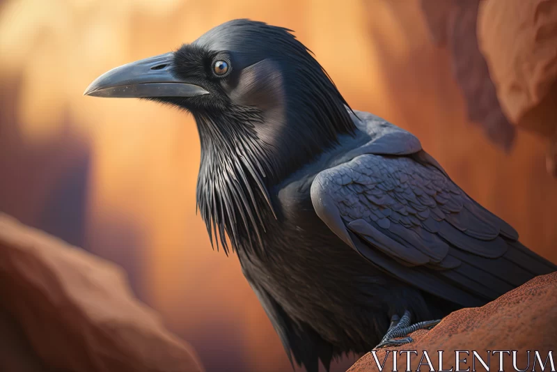 Sunlit Raven on Rocky Ledge: A Realistic Animal Portrait AI Image