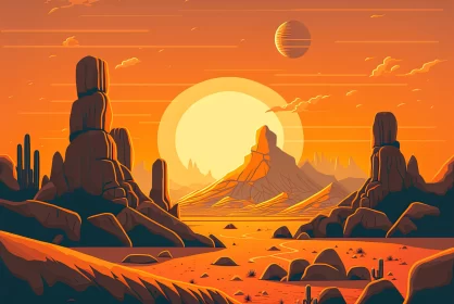 Alien Landscape at Sunset - Retro Sci-Fi Vintage Illustration AI Image