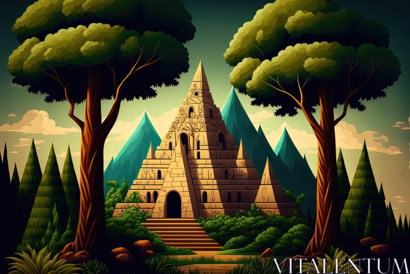 Ancient Temple Landscape in Dark Cyan and Bronze Hues AI Image