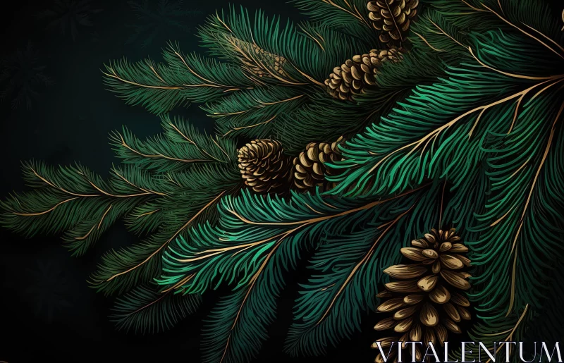 Dark Cyan and Green Pine Branches Illustration AI Image
