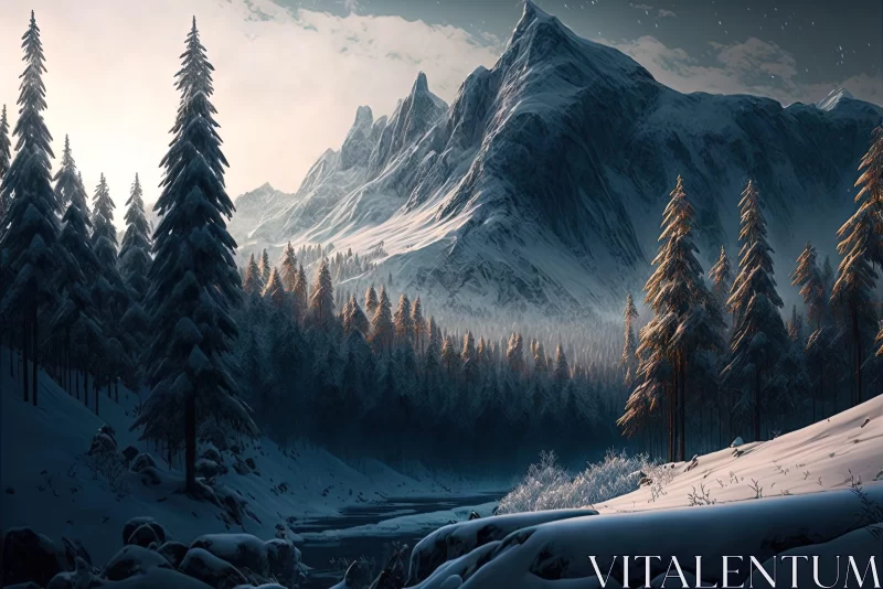 Enchanting Winter Mountain Illustration AI Image
