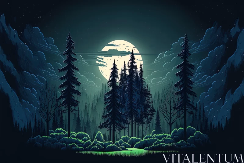 Moonlit Forest: A Mysterious and Detailed Landscape Illustration AI Image