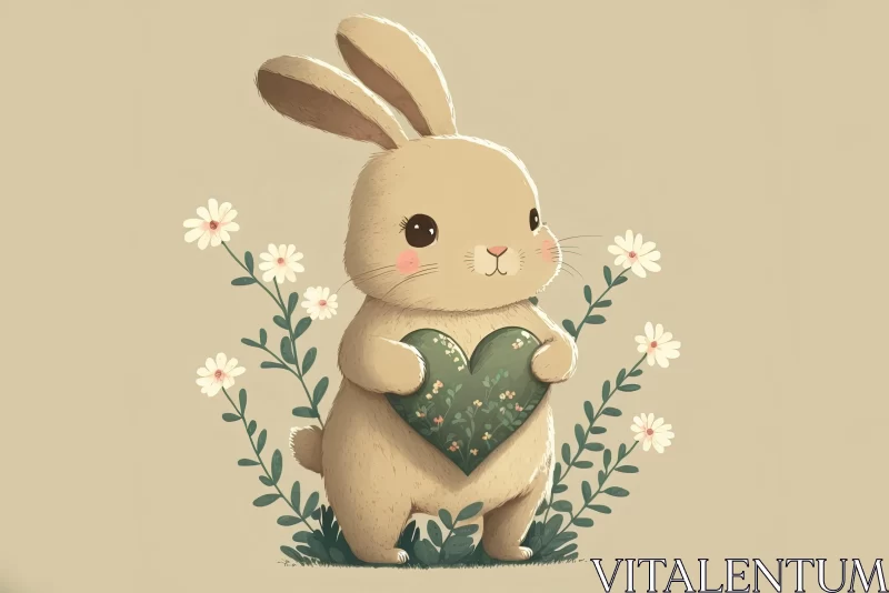 Charming Bunny with Heart Amid Flowers Illustration AI Image