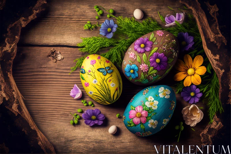 Easter Eggs and Floral Sprigs on Rustic Wooden Surface AI Image
