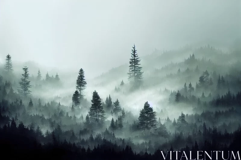 Foggy Forest Digital Painting: Atmospheric Horizons and Mountainous Vistas AI Image