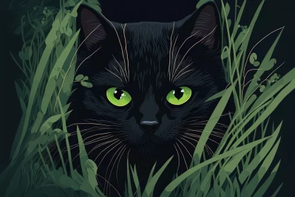 Gothic Illustration of a Black Cat with Green Eyes