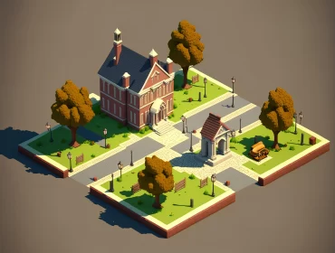 Low Poly Isometric Architecture: A Classic Academia Streetscape AI Image