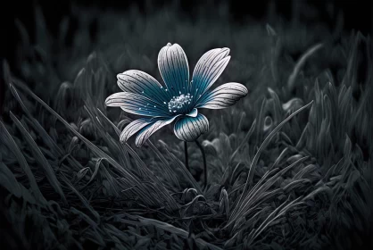 Surrealistic Blue Flower Amidst Grass - Black and White Illustration
