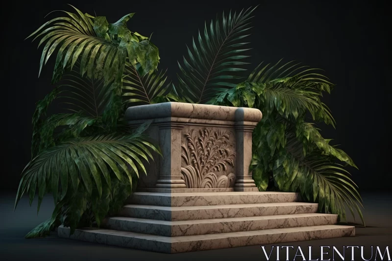 Tropical Baroque Architecture: Statue & Stone Bench AI Image