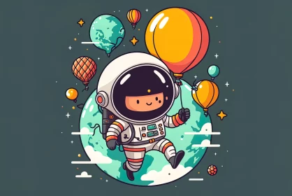 Cute Cartoon Astronaut Artwork with Balloons in Earth Tones