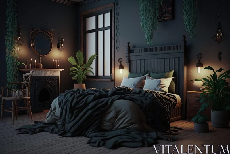 Dark and Spooky Themed Bedroom with Plants AI Image