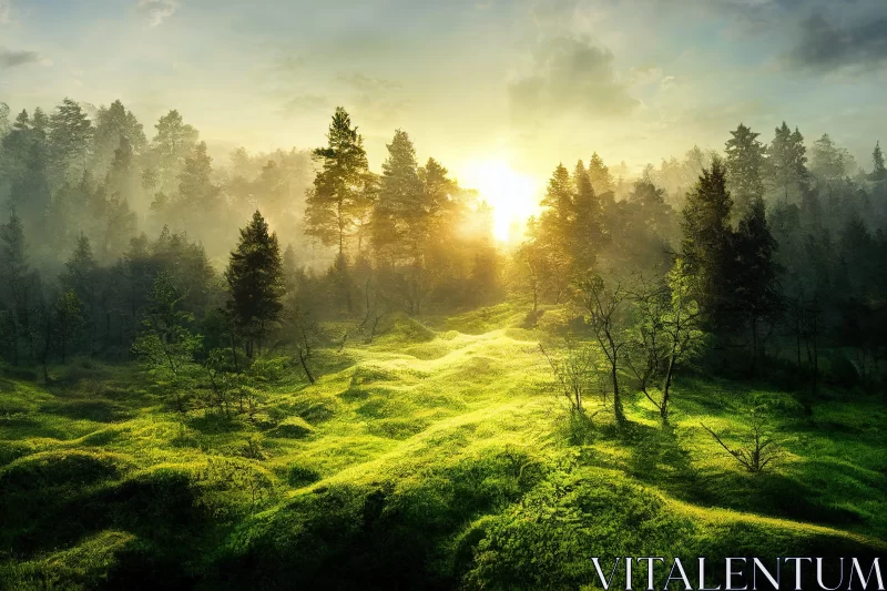 Euphoric Sunrise in a Verdant Norwegian Forest AI Image