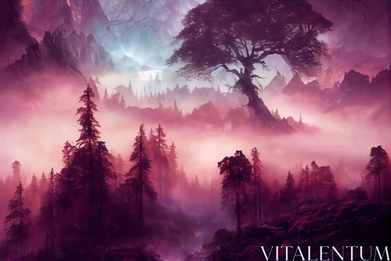 Mystical Purple Forest and Majestic Mountains in Fog AI Image
