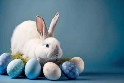 White Rabbit with Easter Eggs - Monochromatic Blue Composition