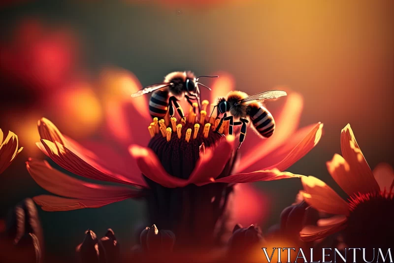 Bees on Blooming Flower: A Surrealistic Colorful Display AI Image