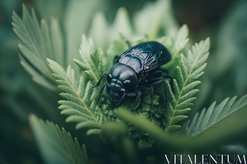 Black Beetle on Fern Leaf: A Sci-Fi Baroque Composition AI Image