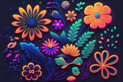 Colorful Florals on Dark Background - Mexican Muralism Inspired AI Image