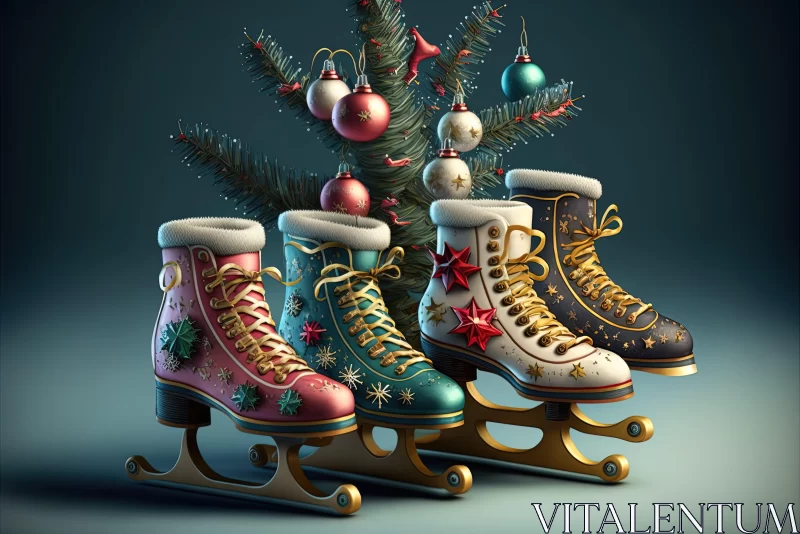Nostalgic Christmas Still Life with Wooden Ice Skates AI Image