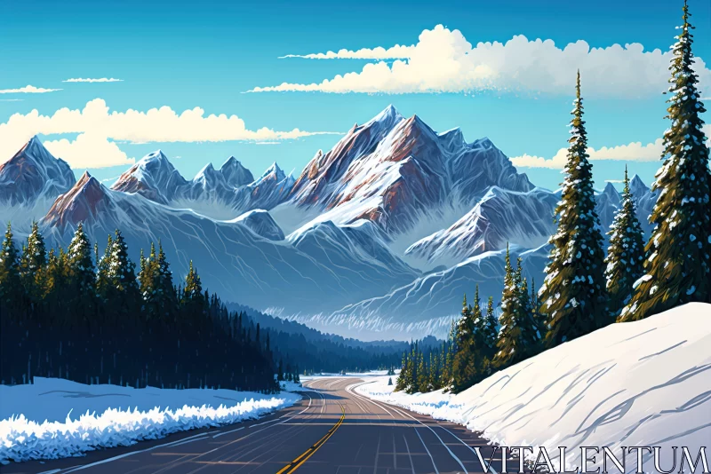 Snowy Mountain Road - Captivating Winter Illustration AI Image