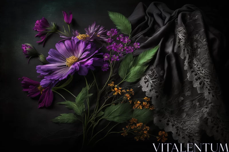 Lavender and Purple Flowers on Dark Backdrop: A Baroque-Inspired Still Life AI Image