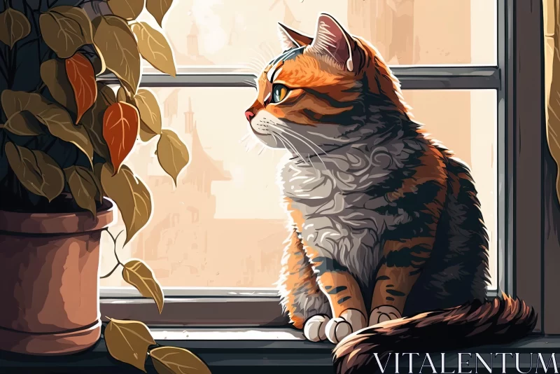 Warm Toned Cat in Window - Hand-Painted Pixel Art AI Image