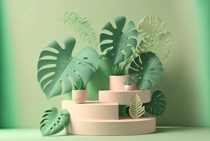 3D Illustration of Tropical Plants in Pastel Colors