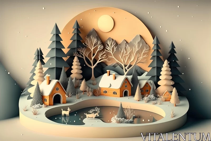 3D Paper Cut Winter Village Scene with Deer AI Image