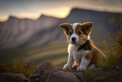 Corgi Puppy on Mountain Top at Sunset - Epic Portraiture