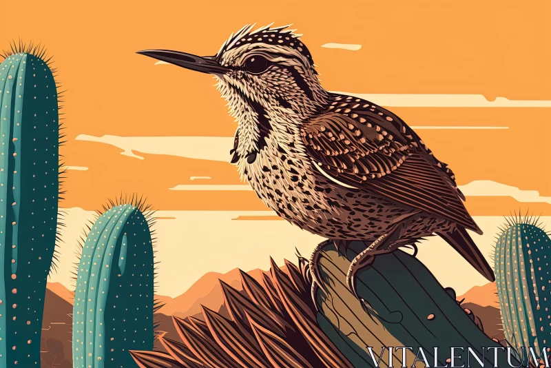 Desert Bird on Cactus - Precisionist Art Illustration AI Image