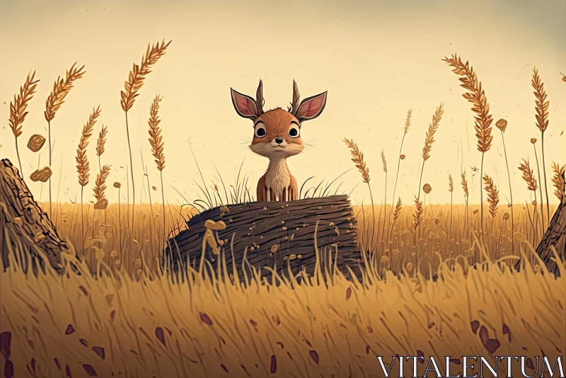 Dreamy Realism: Cartoon Deer in a Wheat Field AI Image