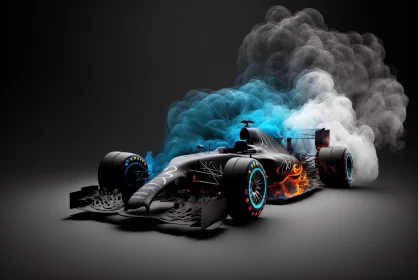 Futuristic Formula Car in Smoke - Monochromatic Artistry AI Image