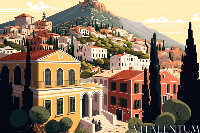 Greek Town Vintage Poster Style Illustration AI Image
