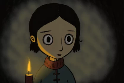 Haunting Cartoon Character with Candle in Rural China AI Image