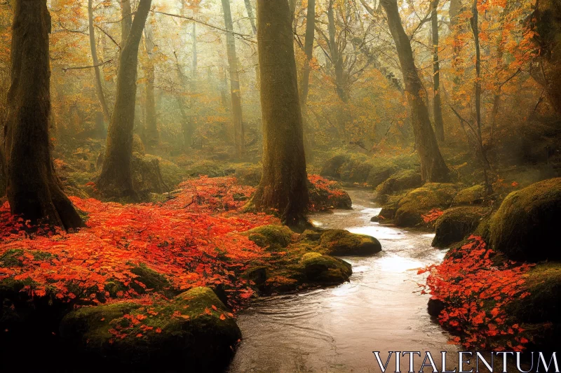Misty Gothic Forest Stream with Vibrant Red Leaves AI Image