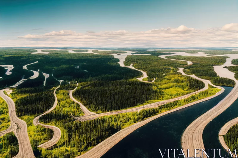 Aerial View of Windy Roads Through River - Native American Art Inspired AI Image