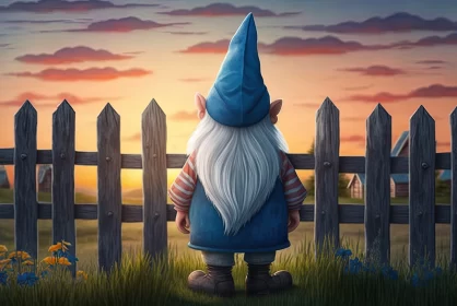 Charming Gnome at Sunset - A Blend of Cartoon and Realism AI Image