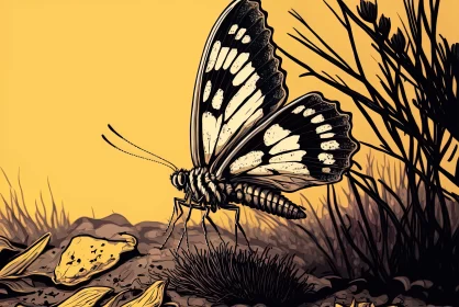 Detailed Comic-style Butterfly on Leafy Field AI Image