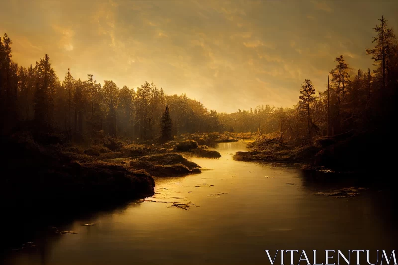 Golden Palette Fantasy River Landscape AI Image