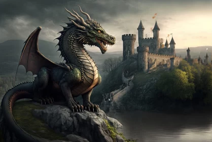 Majestic Dragon and Castle - Historical and Charming Scene AI Image