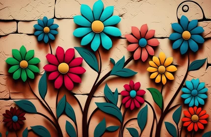 Surrealistic Cartoon-style Floral Artwork on a Stone Wall AI Image