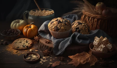 Dark and Moody Autumn Still Life with Muffins and Pumpkins