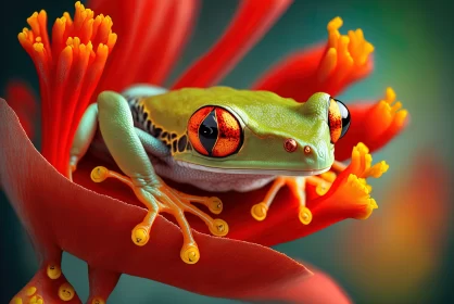 Exotic Tree Frog Illustration Amidst Vibrant Flora