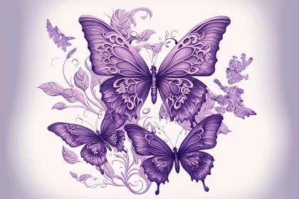 Purple Butterflies: An Ink Illustration with Baroque Flourishes AI Image
