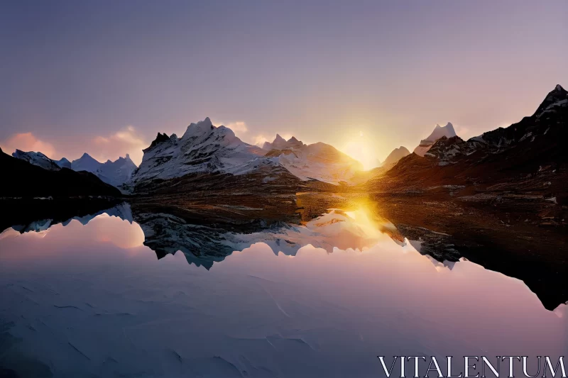 Surreal Sunrise Over Lake with Snow-Covered Mountains AI Image