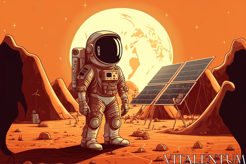 Illustrated Astronaut on Mars with Solar Panels AI Image