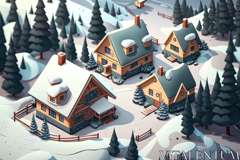 Isometric Winter Village: A 3D Cartoonish Cabincore Illustration AI Image